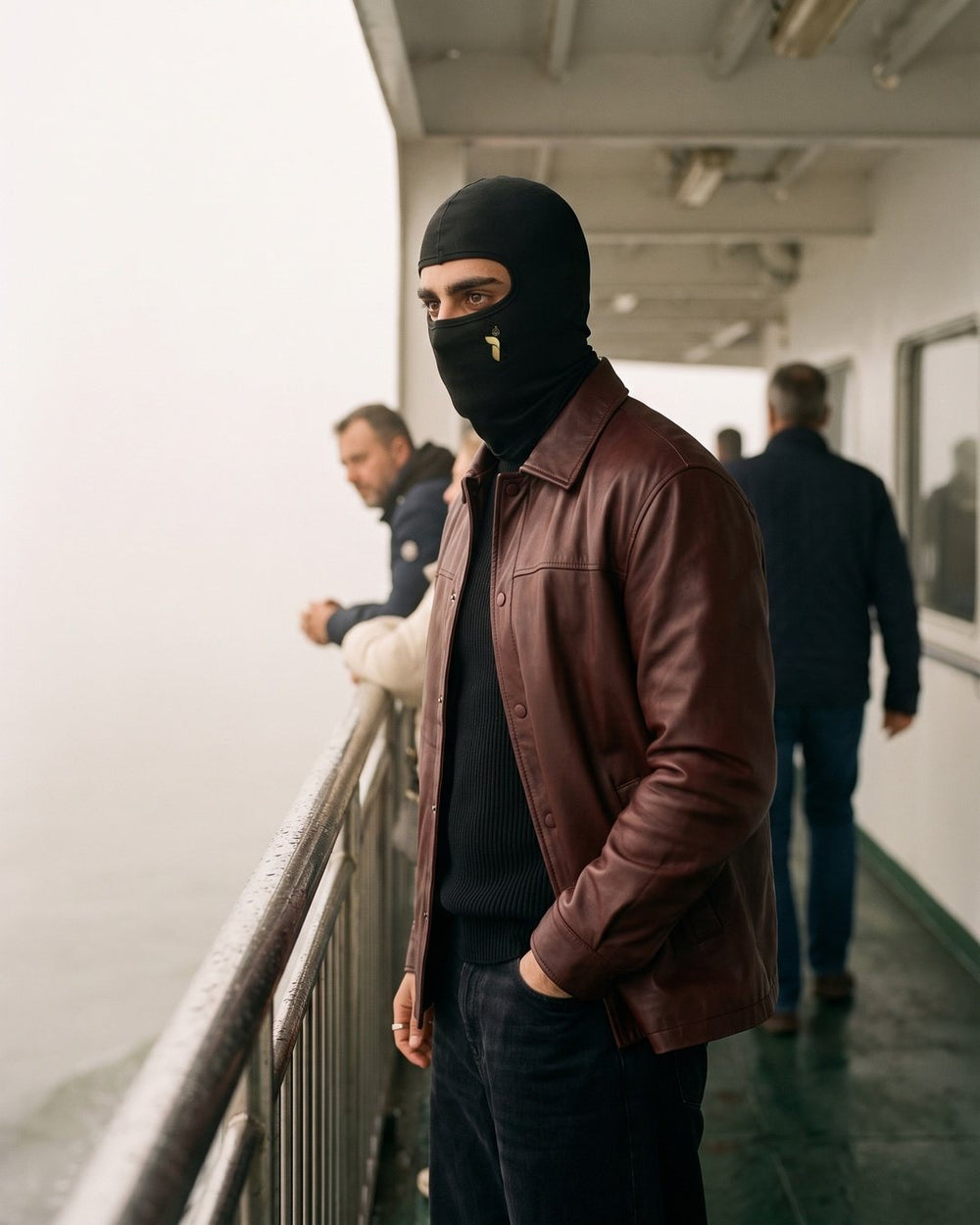 Maskierte Figur auf einer Fähre im Nebel